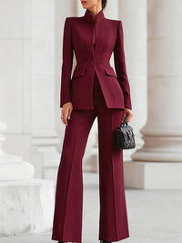 Long Sleeves Buttoned Pockets Solid Color Stand Collar Blazer Outerwear