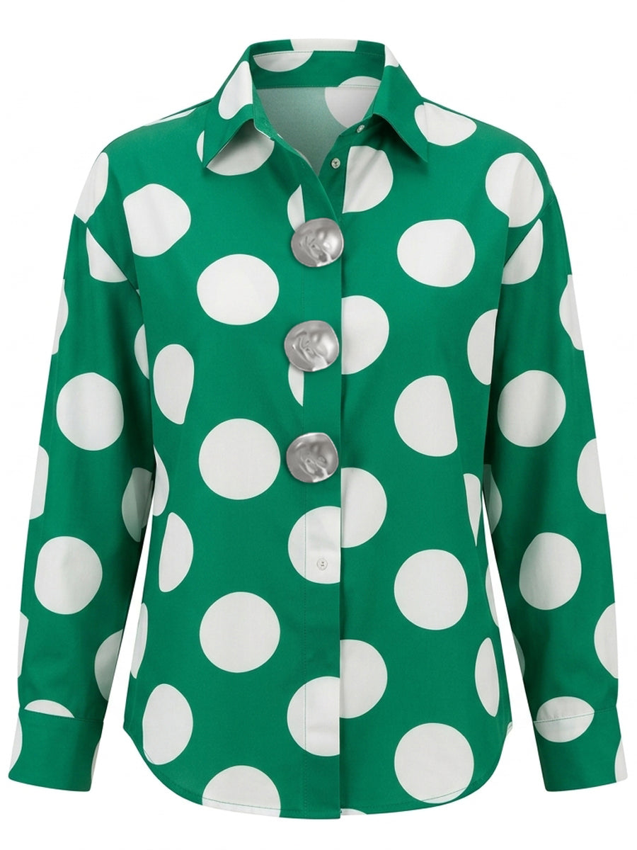 Buttoned Contrast Color Polka-Dot Long Sleeves Loose Lapel Blouses&shirts Tops