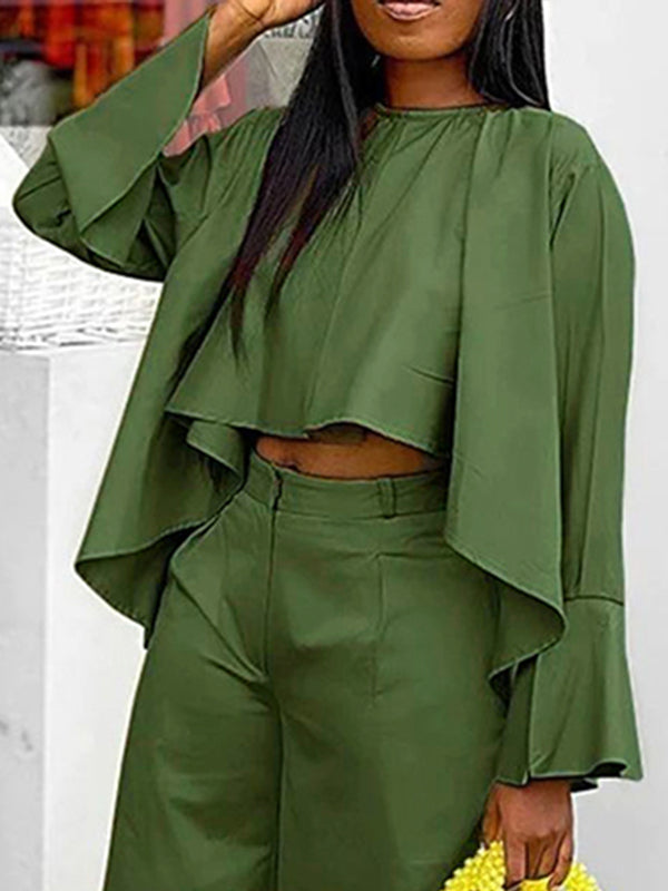 High-Low Loose Pleated Solid Color Split-Joint Round-Neck Blouses&Shirts Tops