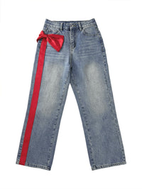 Wide Leg Bow-Embellished Contrast Color Jean Pants Bottoms