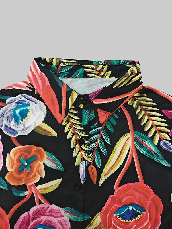 Buttoned Contrast Color Flower Print Flared Sleeves Long Sleeves Lapel Blouses&Shirts Tops