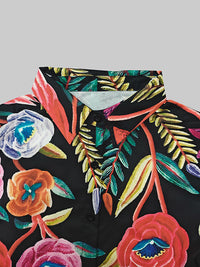 Buttoned Contrast Color Flower Print Flared Sleeves Long Sleeves Lapel Blouses&Shirts Tops