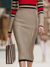 Contrast Color Striped Long Sleeves Skinny High Neck Sweater Dresses Midi Dresses