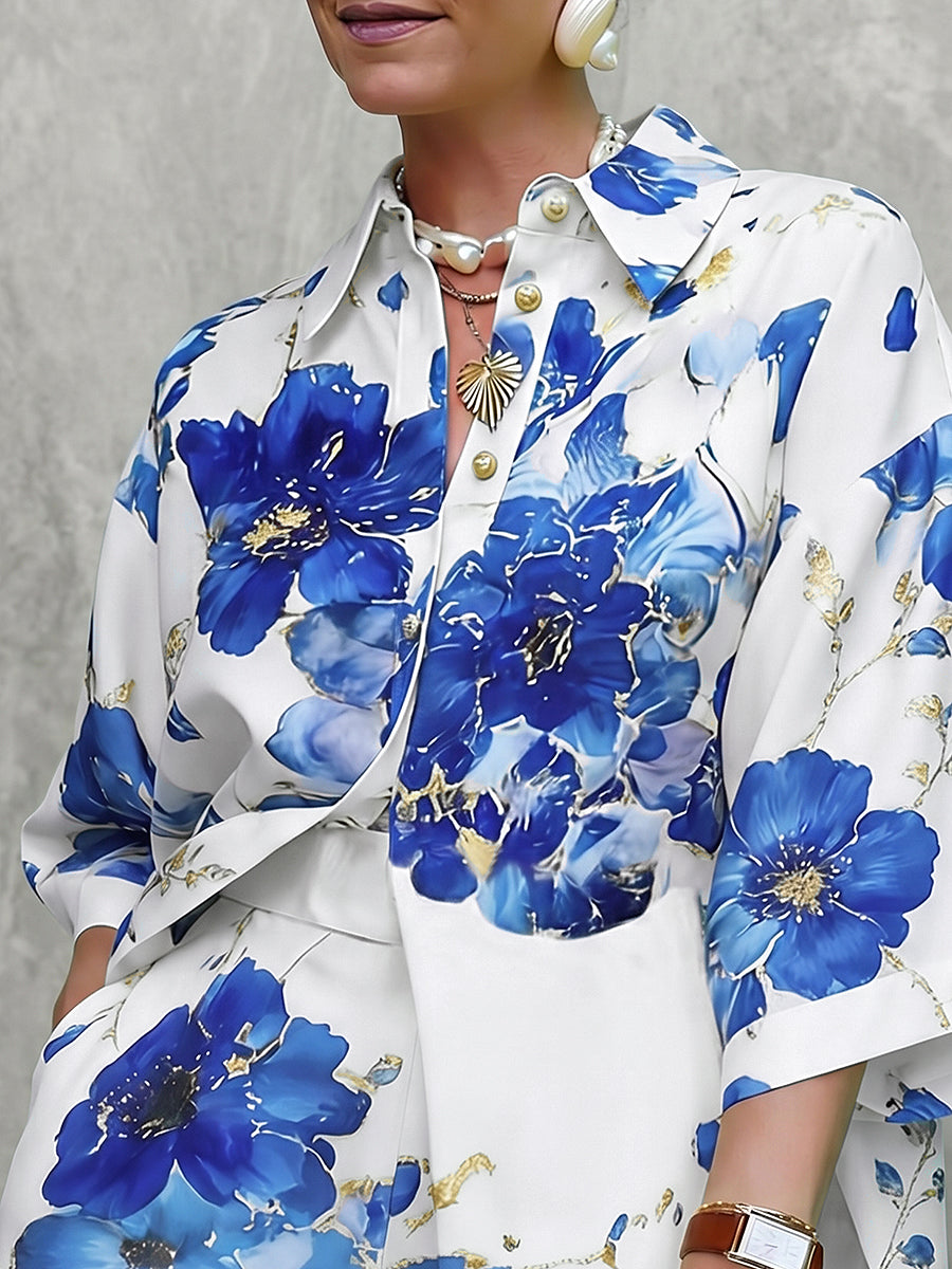 Buttoned Flower Print Loose Short Sleeves Lapel Blouses&Shirts Tops