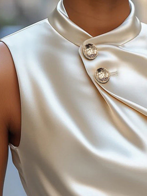 Buttoned Solid Color Sleeveless Stand Collar Tank Top