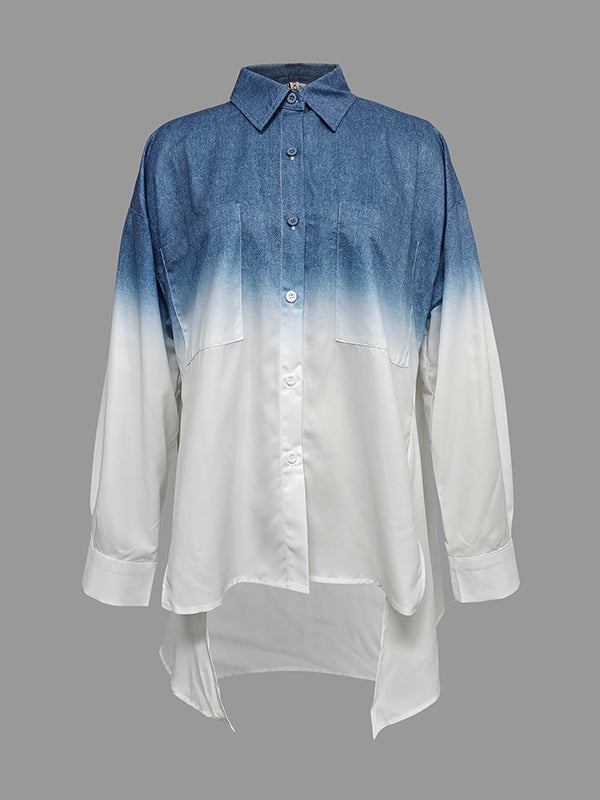 Gradient Printed Split-Joint Split-side High-low Loose Lapel Blouses&shirts Tops