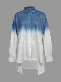 Gradient Printed Split-Joint Split-side High-low Loose Lapel Blouses&shirts Tops