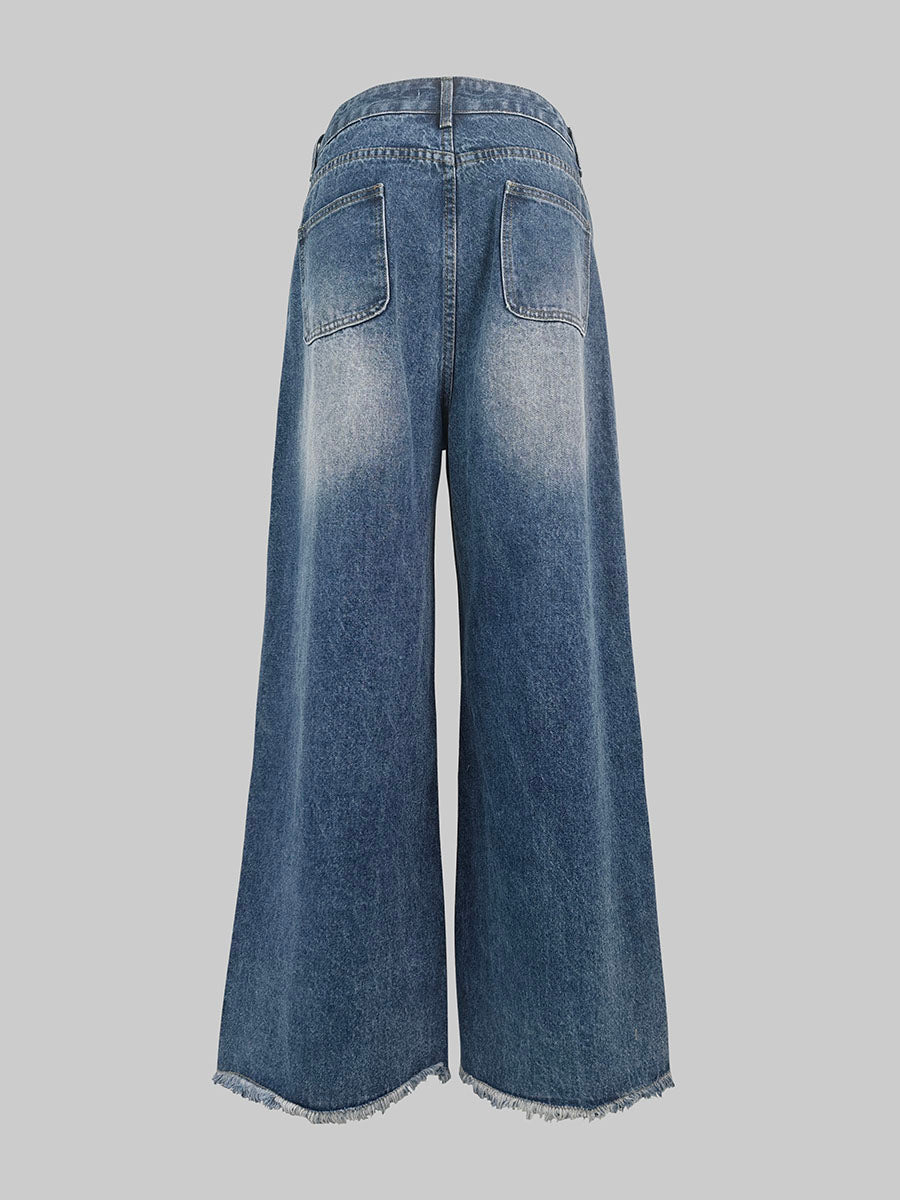 High Waisted Wide Leg Contrast Color Fringed Split-Joint Jean Pants Bottoms
