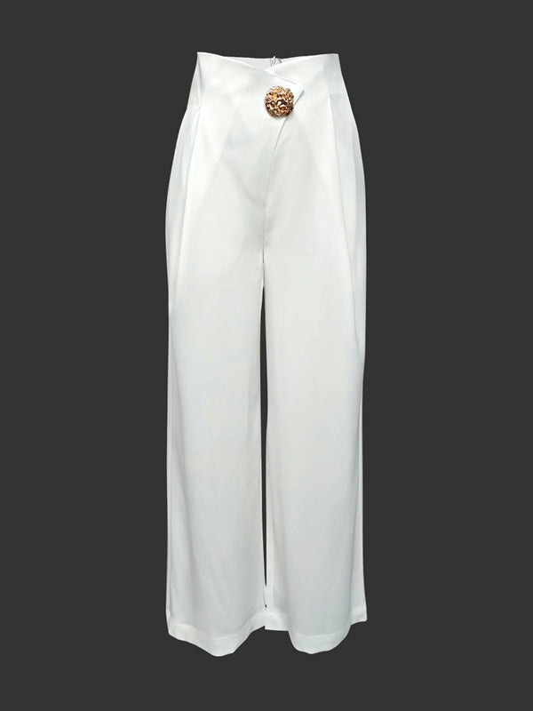 High Waisted Loose Buttoned Pleated Solid Color Pants Trousers