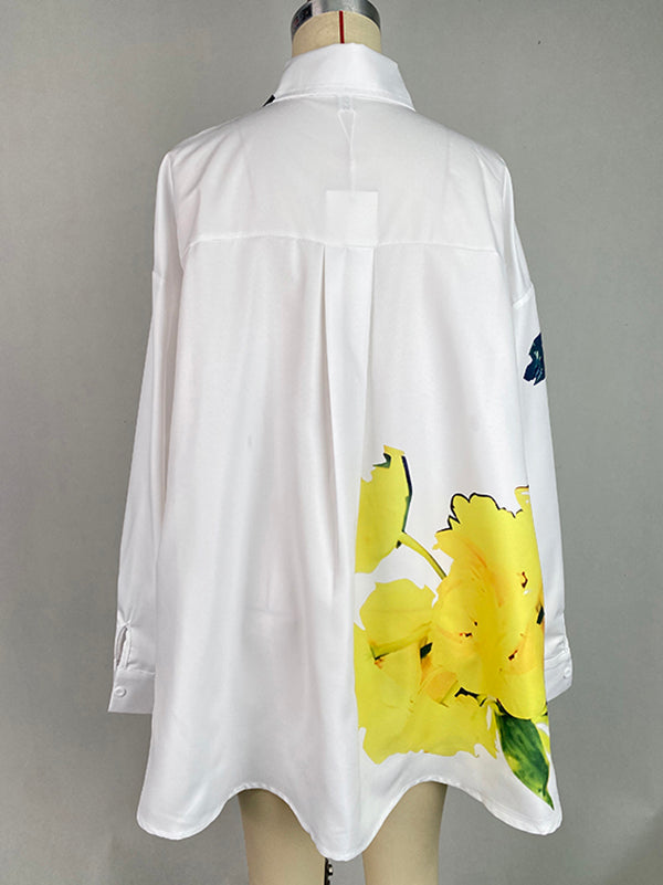 Buttoned Flower Print Pockets Split-Side High-Low Long Sleeves Stand Collar Blouses&Shirts Tops