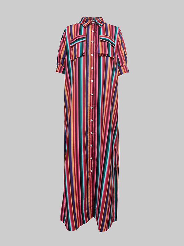 Split-Joint Striped Long Sleeves Loose Lapel Shirt Dress Maxi Dresses