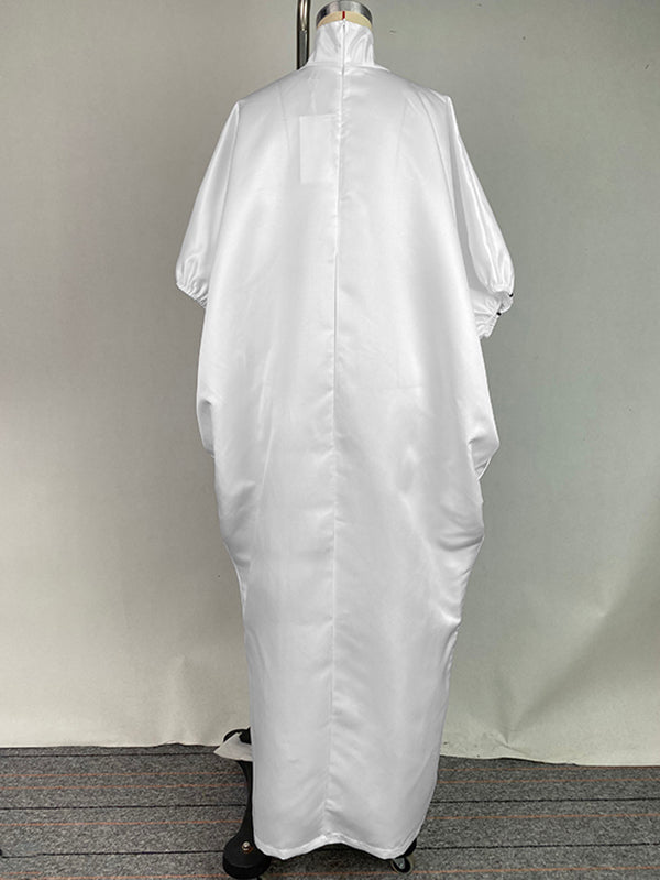 Half Sleeves Loose Elasticity Printed Split-Front Stand Collar Maxi Dresses