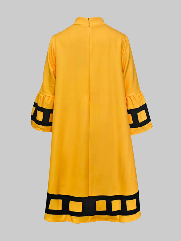 Flower Print Split-Joint A-Line Flared Sleeves Mock Neck Midi Dresses