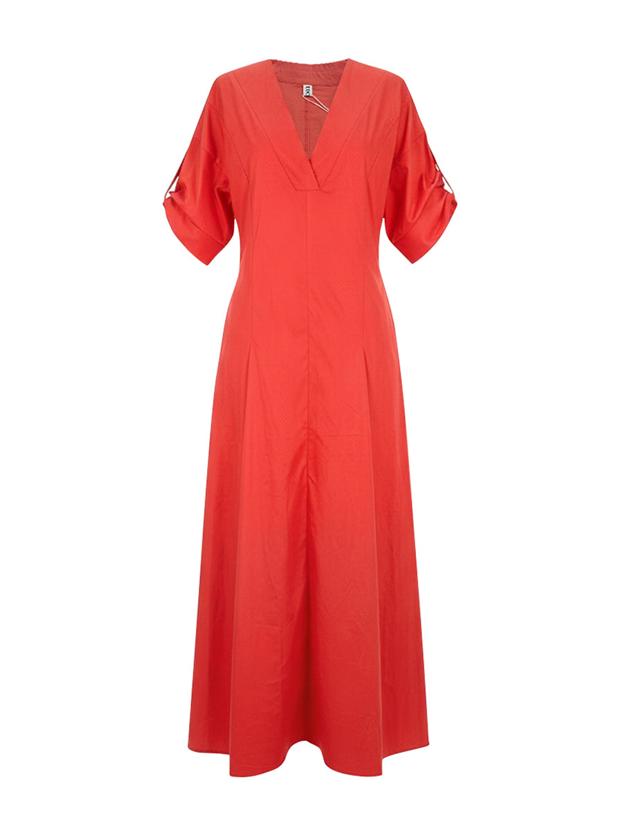 A-Line High Waisted Pleated Solid Color V-Neck Maxi Dresses Shirt Dress