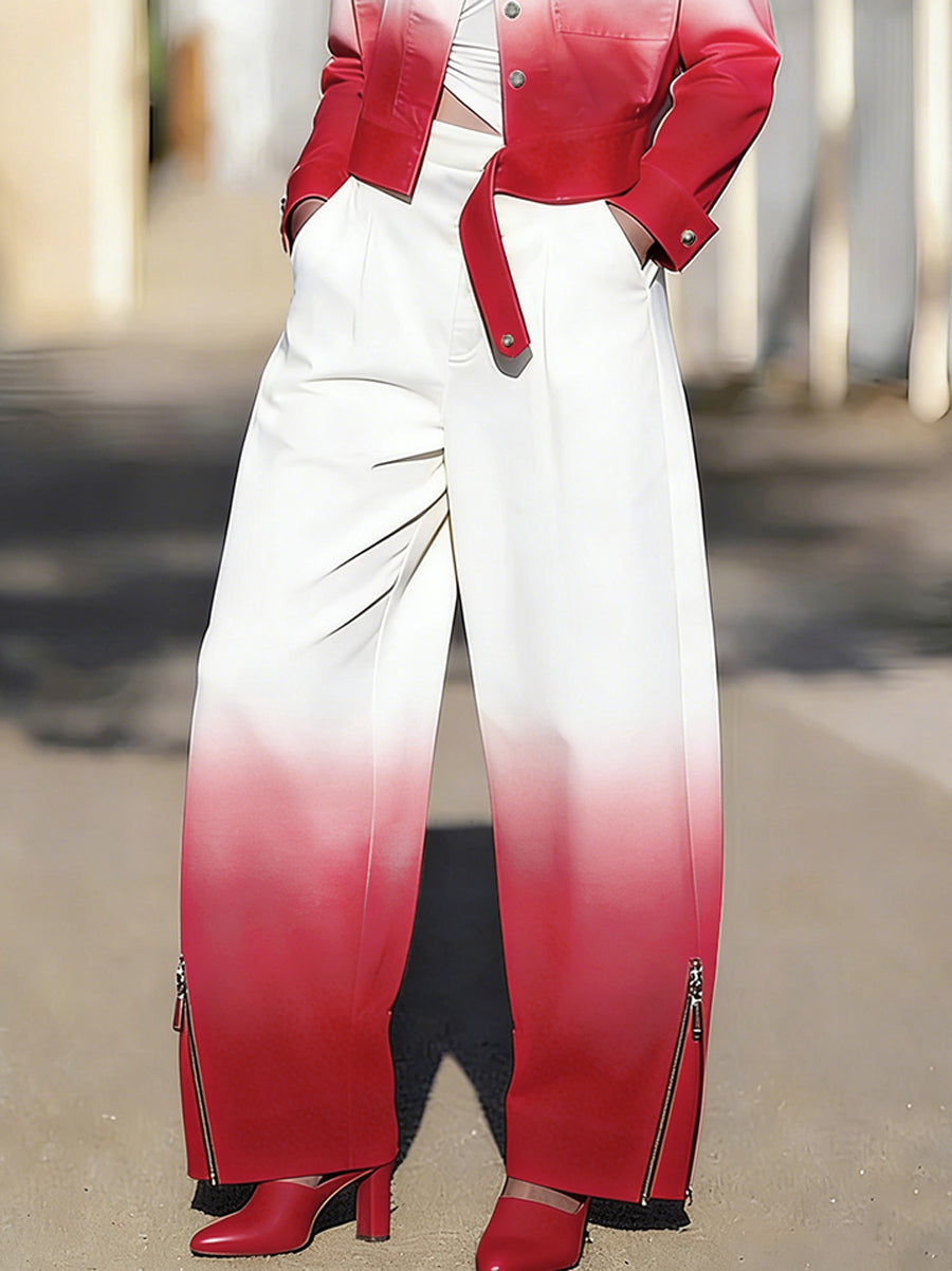 Wide Leg Gradient Pockets Zipper Pants Trousers
