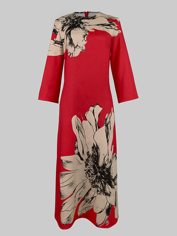 Contrast Color Flower Print Loose Three-Quarter Sleeves Round-Neck Midi Dresses