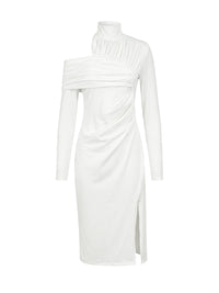 Irregularity Long Sleeves Asymmetric Pleated Solid Color Split-Front Split-Joint Split-Side High Neck Midi Dresses