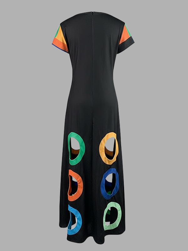 Colorful Contrast Color Hollow A-Line High Waisted V-Neck Maxi Dresses