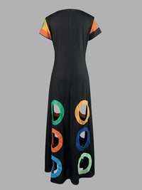 Colorful Contrast Color Hollow A-Line High Waisted V-Neck Maxi Dresses