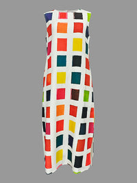 A-Line Loose Contrast Color Pockets Split-Side Round-Neck Midi Dresses