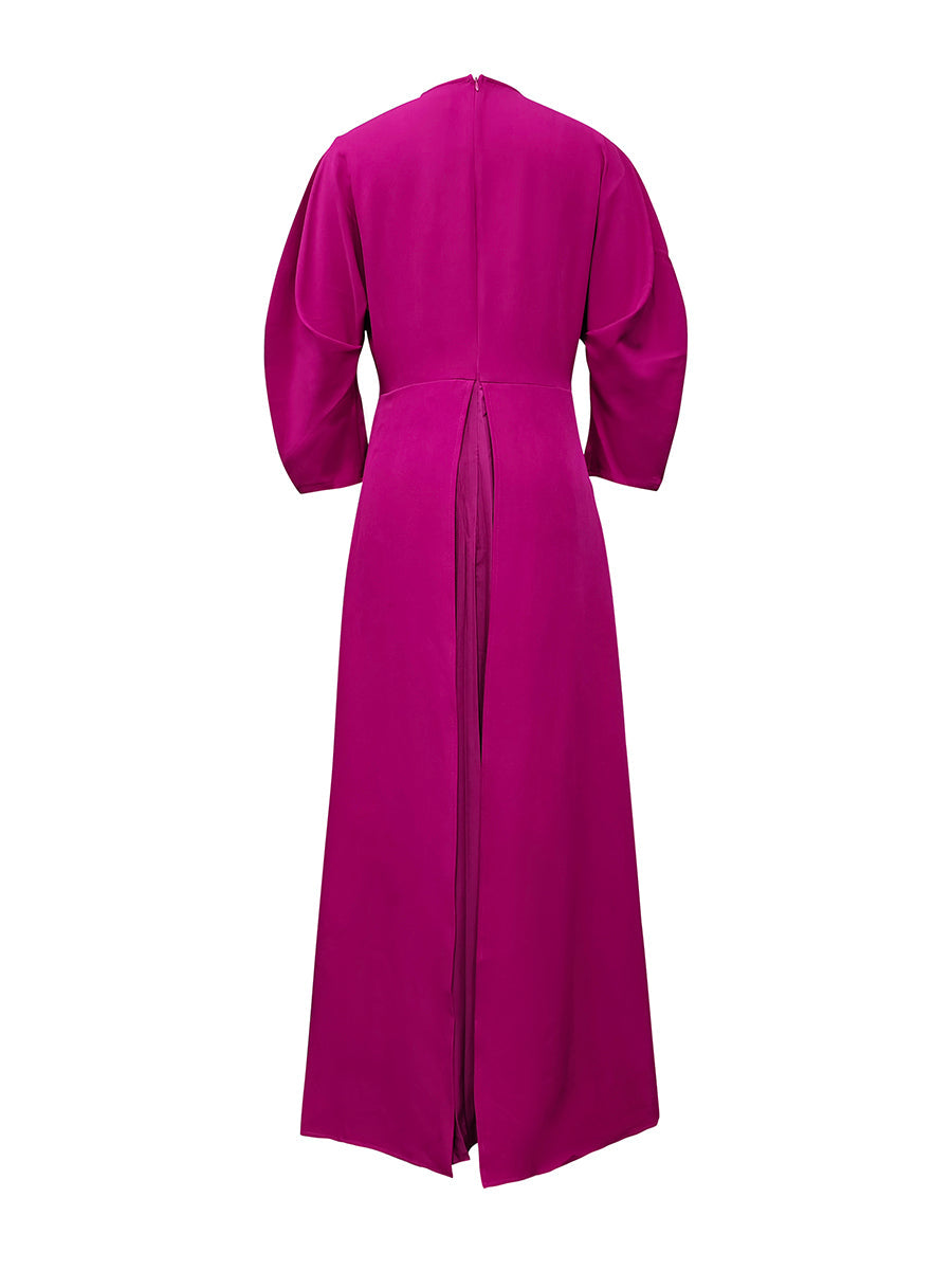 Long Sleeves Loose Pleated Solid Color Split-Joint Tiered Round-Neck Maxi Dresses