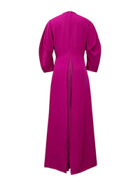 Long Sleeves Loose Pleated Solid Color Split-Joint Tiered Round-Neck Maxi Dresses