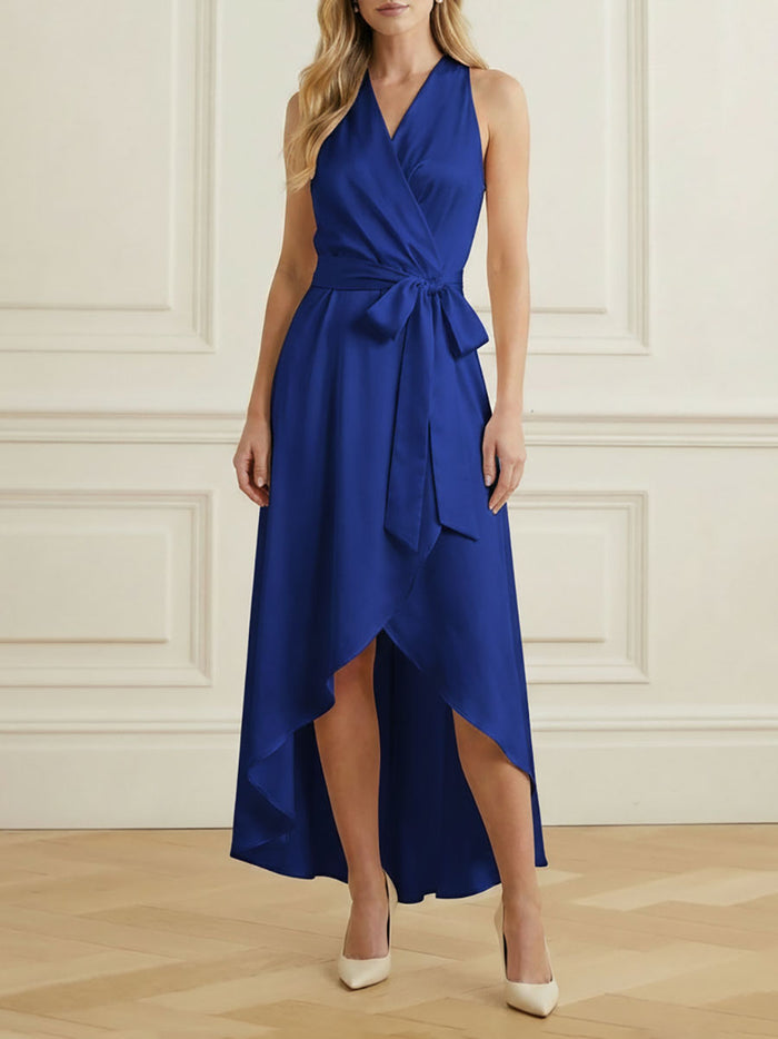 High-Low Loose Ruffle Trim Solid Color Tied Waist V-Neck Maxi Dresses