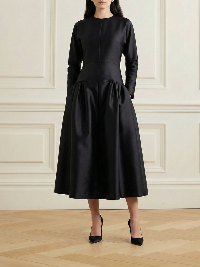 Solid Color Long Sleeves Round-Neck Midi Dresses