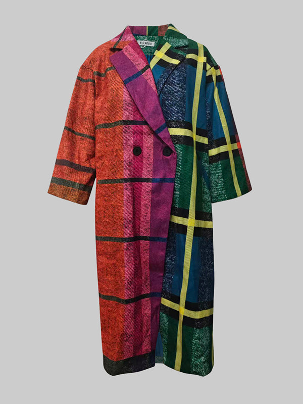 Loose Three-Quarter Sleeves Contrast Color Plaid Split-Joint Lapel Outerwear Windbreakers Woolen Coat