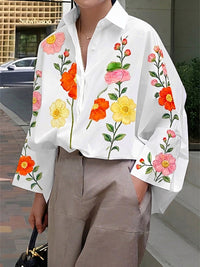 Buttoned Contrast Color Flower Print Long Sleeves Loose Lapel Blouses&shirts Tops
