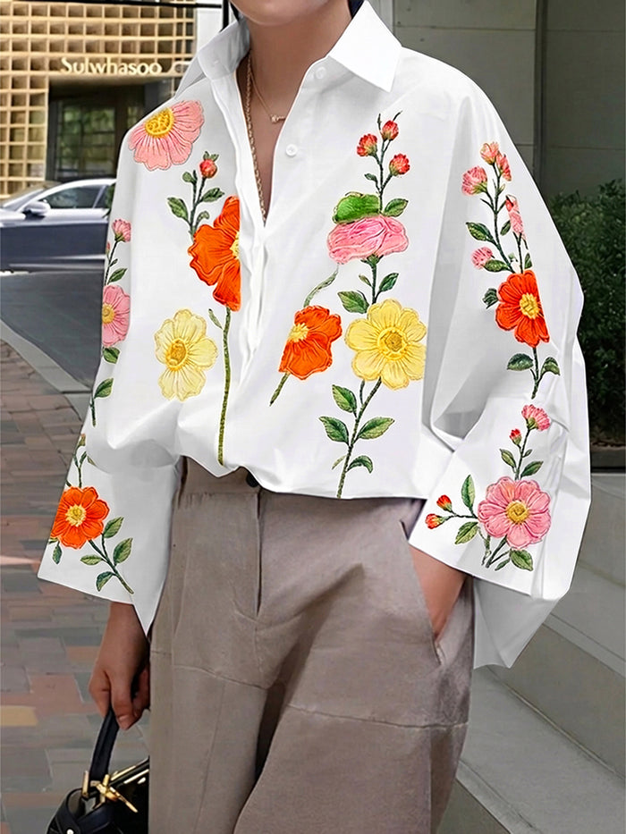 Buttoned Contrast Color Flower Print Long Sleeves Loose Lapel Blouses&shirts Tops