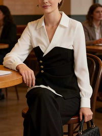 Elasticated Waist Irregularity Asymmetric Buttoned Contrast Color Split-Joint V-Neck Blouses&Shirts Tops