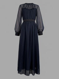 False Two Loose Gauze Pleated See-Through Round-Neck Maxi Dresses