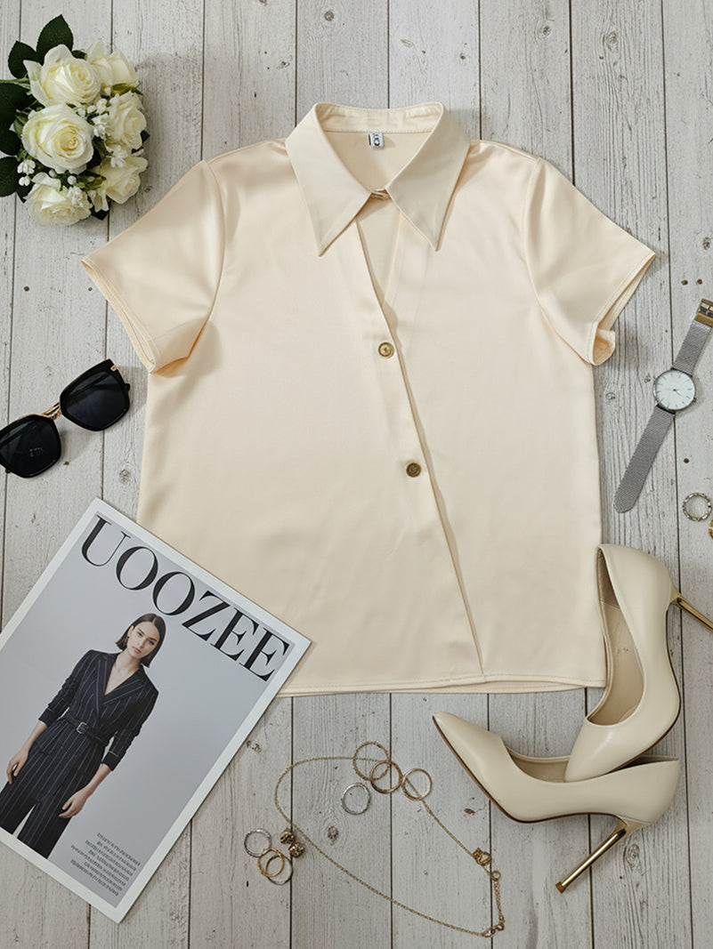Buttoned Solid Color Short Sleeves Lapel Blouses&Shirts Tops