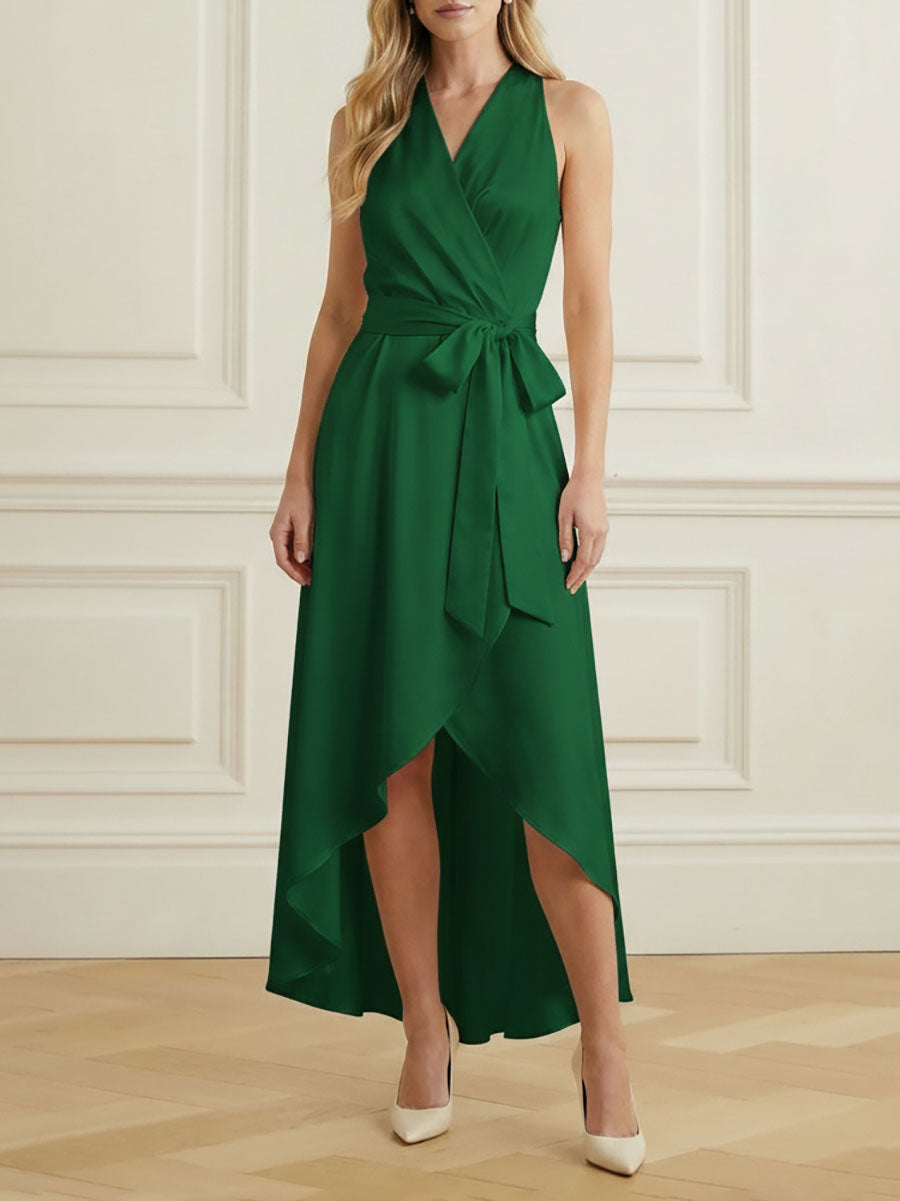 High-Low Loose Ruffle Trim Solid Color Tied Waist V-Neck Maxi Dresses