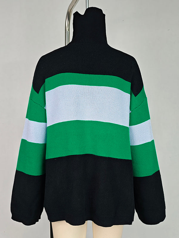 Flared Sleeves High-Low Contrast Color Split-Joint High Neck Pullovers Sweater Tops