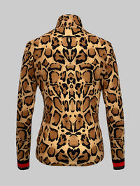 Long Sleeves Skinny Contrast Color Leopard High Neck T-Shirts Tops