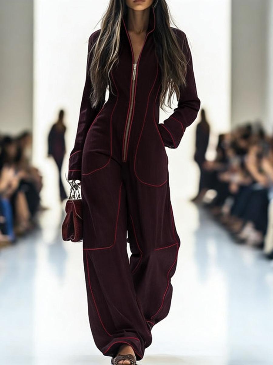 Zipper Long Sleeves Wide Leg Stand Collar Jumpsuits