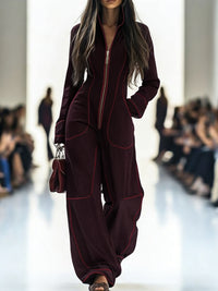 Zipper Long Sleeves Wide Leg Stand Collar Jumpsuits