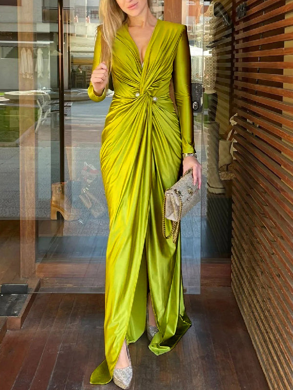 Solid Color Bodycon Long Sleeves Pleated  Split-Front Tied Waist Deep V-Neck Maxi Dresses