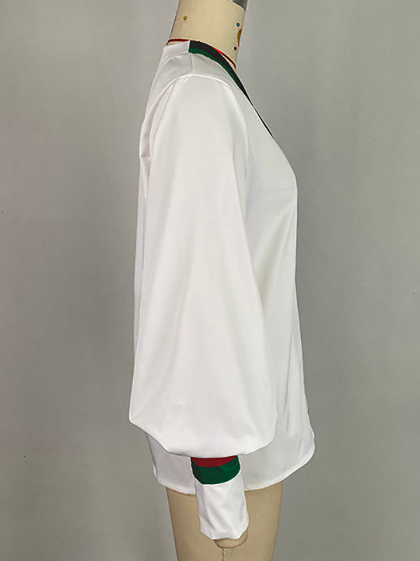 Contrast Color Pleated Long Sleeves Loose V-Neck Blouses&Shirts Tops