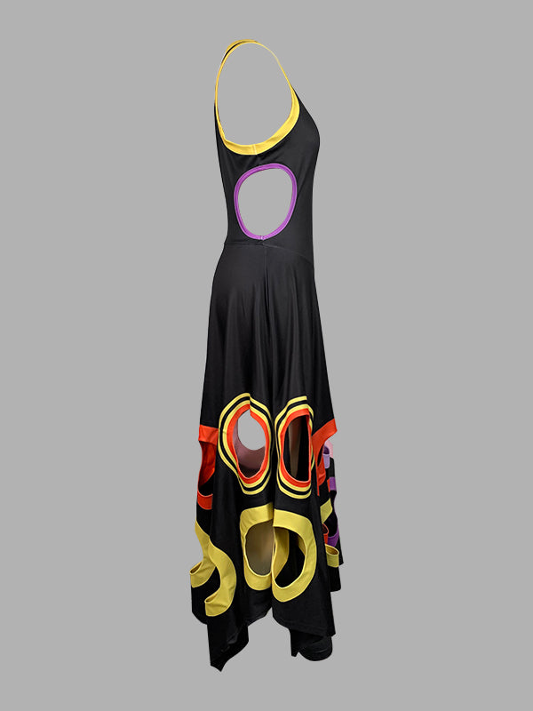 A-Line High Waisted Contrast Color Hollow Round-Neck Maxi Dresses