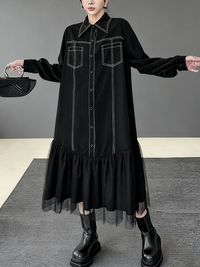 Asymmetric Buttoned Line Solid Color Split-Joint Irregularity Long Sleeves Lapel Shirt Dress Midi Dresses