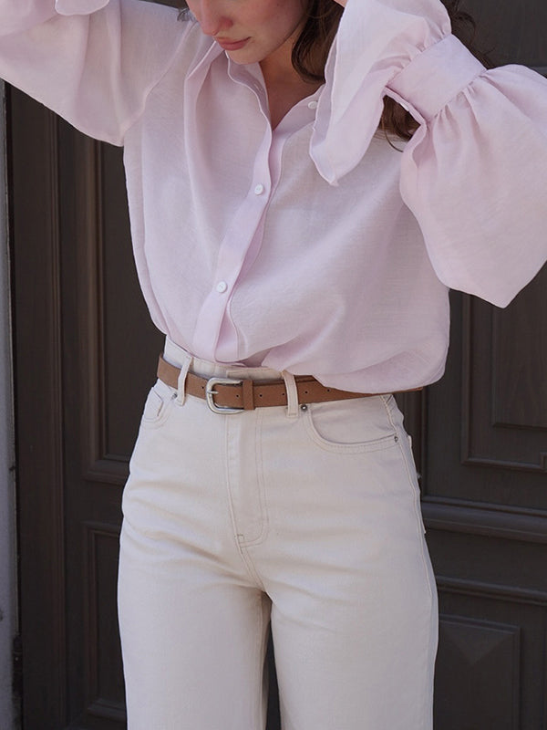 Pleated Solid Color Split-Joint Loose Puff Sleeves Lapel Blouses&shirts Tops