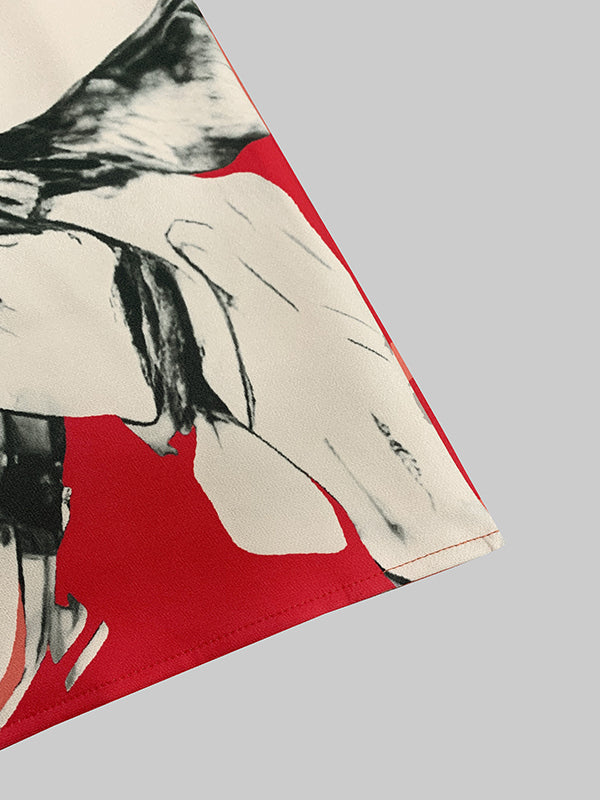 Contrast Color Flower Print Loose Three-Quarter Sleeves Round-Neck Midi Dresses