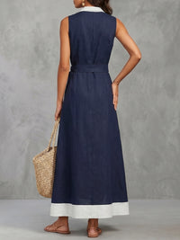 Buttoned Contrast Color Pockets Tied A-Line Loose Lapel Maxi Dresses