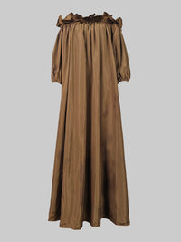 Falbala Pleated Solid Color Loose Puff Sleeves Off-The-Shoulder Maxi Dresses