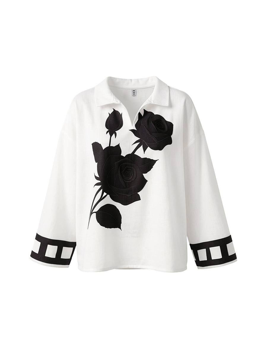 Loose Three-Quarter Sleeves Flower Print Split-Joint V-Neck Blouses&Shirts Tops