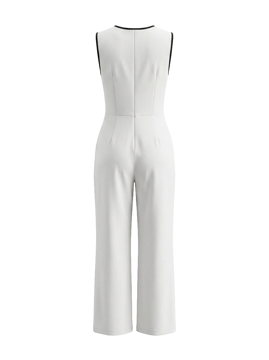 Loose Sleeveless Contrast Color Pockets Zipper V-Neck Jumpsuits