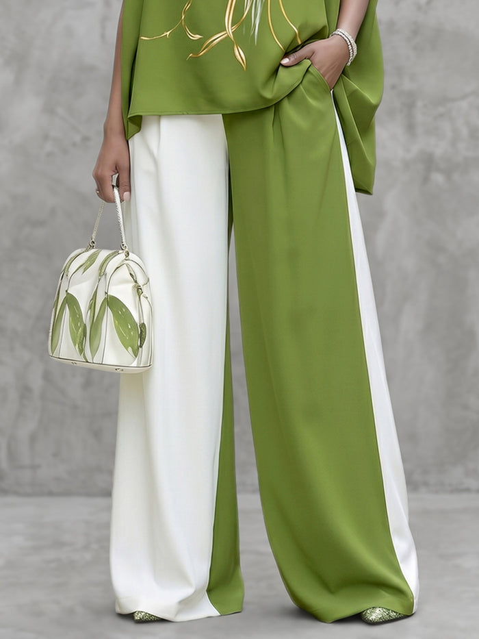 Contrast Color Pockets High Waisted Wide Leg Trousers Casual Pants Bottoms
